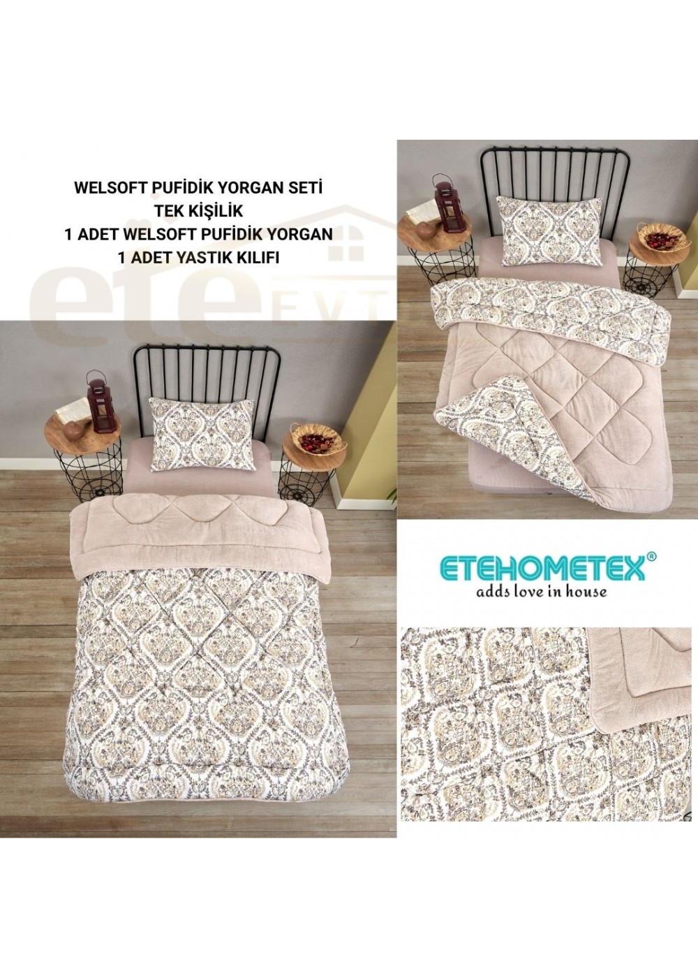 ETE HOMETEX TEK KİŞİLİK LÜX WELSOFT YORGAN SETİ AKSU BEJ 155X215CM 8696474231931